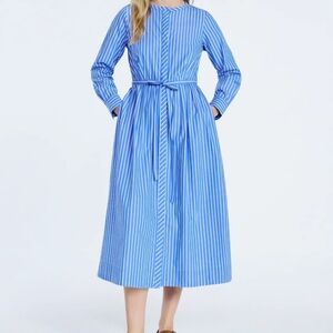 Free Assembly Striped Women's Shirt Dress Blue White Tie Waist, Pockets, NWT